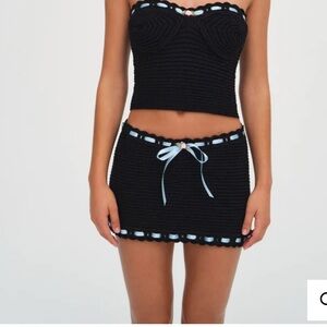 NWT For Love & Lemons Kelsey Black Crochet Mini Skirt with Blue Trim (L - READ)